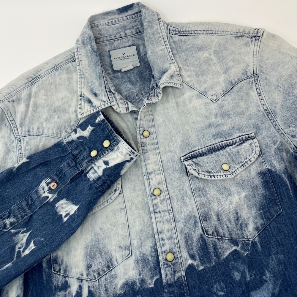 American Eagle Denim Western Shirt Mens L Blue Bleached Tie Dye Snap Front